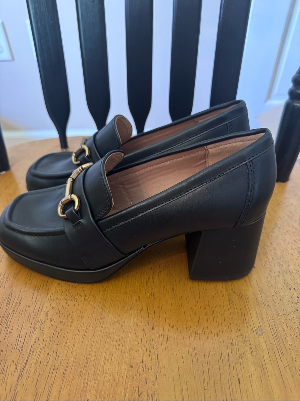 Nine West Black Leather Block Heel Loafers with Gold Tone Bit